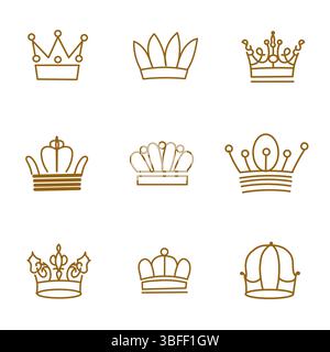 Set of line crowns isolated with different forms flat vector doodle objects Stock Vector