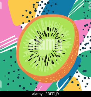 sliced kiwi in memphis vector style, s, pastel colors and bold outline, flat vector art Stock Vector
