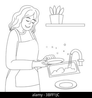 Young women washing the plate, vector flat line art doodle, coloring page, coloring book for adults Stock Vector