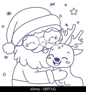 Coloring page for kids, coloring book for children, santa and deer doodle, cartoon style Stock Vector