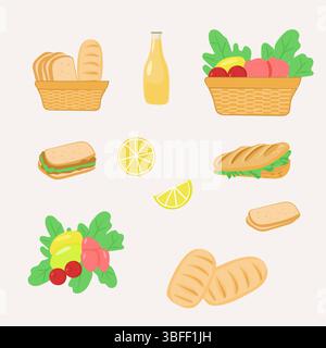 Set of picnic flat vector, bread, sandviches, fruit and berry, picnic basket isolated Stock Vector