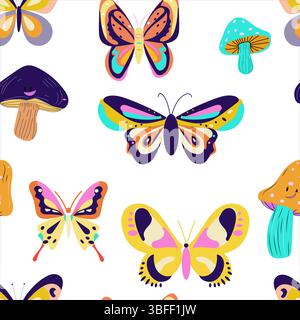 Seamless pattern groovy butterfly mushrooms flat vector, vibrant color Stock Vector