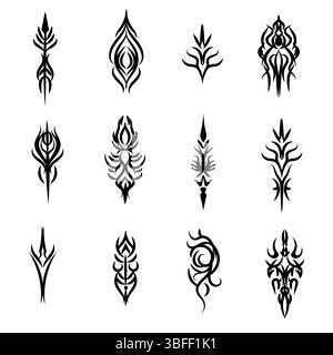 Neo tribal tattoo set - black symmetric decorative ethnic graphic elements collection. Stylized thorny , swirling pointed shapes, ornamental abstracte Stock Vector