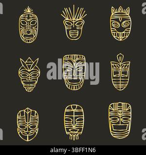 Set gold line tribal masks vector flat isolated, vintage golden form Stock Vector