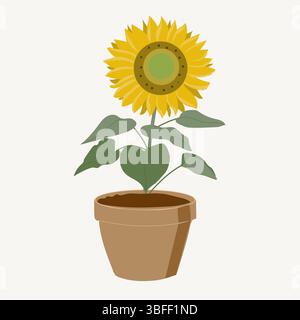 Flat vector sunflower isolated in pot, botany blossom Stock Vector