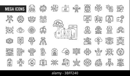 Set of Linear Artificial Intelligence Vector Icons, Icon Sheet. Stock Vector