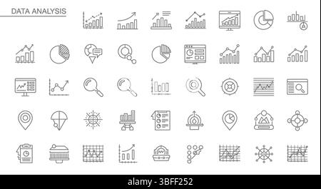 Data interpretation linear icons set. Analysis, Inference, Conclusion ...