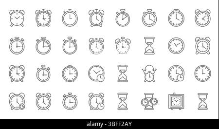 Set of Linear Clock Vector Icons, Icon Sheet. Stock Vector