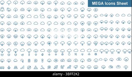 Set of Linear Cloud Vector Icons, Icon Sheet. Stock Vector