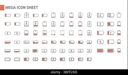 Set of Linear Battery Vector Icons, Icon Sheet. Stock Vector