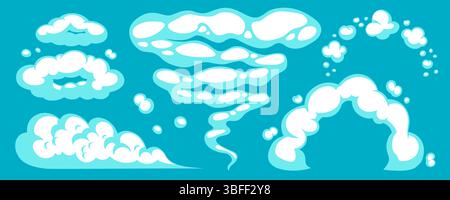 Cartoon comic smoke cloud explosion with dynamic dust shapes and effects on turquoise background. Cloud and smoke elements, comic style explosion Stock Vector