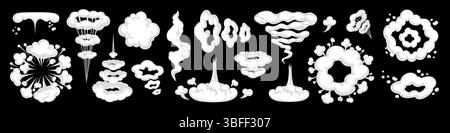 Cartoon smoke cloud with comic puff, motion, and boom effect on black background. Vector smoke and cloud elements in cartoon comic style. Perfect for Stock Vector