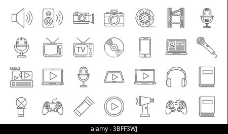Set of Linear Media Vector Icons, Icon Sheet. Stock Vector