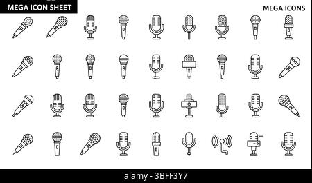 Set of Linear Microphone Vector Icons, Icon Sheet. Stock Vector