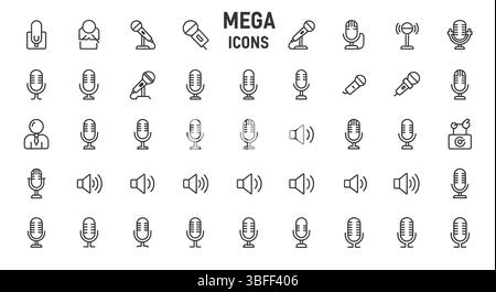 Set of Linear Microphone Vector Icons, Icon Sheet. Stock Vector