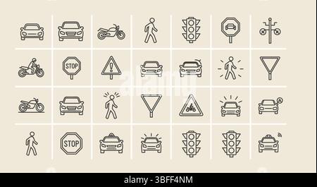 Set of Linear Traffic Vector Icons, Icon Sheet. Stock Vector