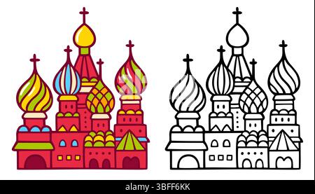 Russia symbol, Saint Basil cathedral. Moscow Kremlin church on Red Square. Hand drawn doodle, cute cartoon vector illustration. Color icon and black l Stock Vector