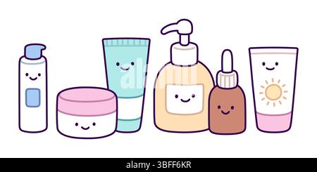Cute cartoon skincare doodle set. Tubs and bottles with funny kawaii faces, asian beauty products drawing. Hand drawn vector illustration. Stock Vector