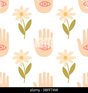 Magical seamless pattern featuring hands with eyes and daisies, adding a mystical boho feel to wrapping, wallpaper, or textile designs. Stock Vector