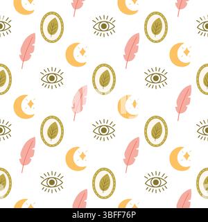Stylish seamless pattern with feathers, moons, eyes, and leaves in muted colors for creative bohemian textile and wallpaper design. Stock Vector