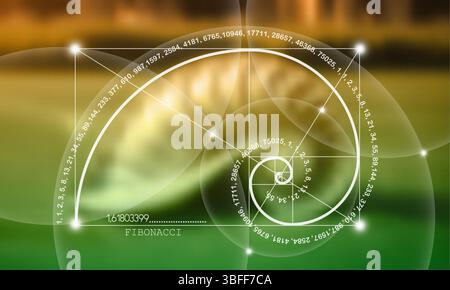 Fibonacci number sequence. Nautilus Seashell section. Snail spiral. Golden ratio. Geometric shapes spiral. Sacred geometry template. Logarithmic Stock Vector