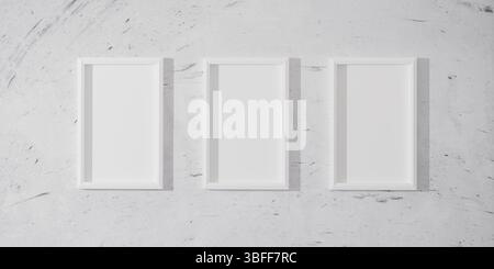 3d render, Minimalist interior with three vertical white poster frame mockup on a light textured wall. Bright and modern room, perfect for displaying Stock Photo