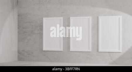 3D render of minimalist interior with three vertical white poster frames on a light textured wall. Bright, modern room perfect for displaying art, pri Stock Photo