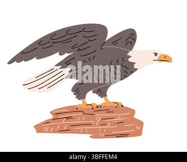 Bald eagle sitting on a rock. Large bird of prey from the hawk family. Animal world and wildlife. Avifauna and zoology. Vector illustration isolated o Stock Vector