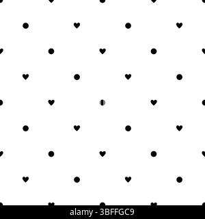Polka dot and heart, black and white seamless pattern hand drawn vector illustration, decorative texture of round circles and little hearts, simple minimalist repeat ornament for textile, gift paper Stock Vector