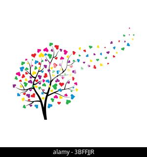 Colorful Heart Tree with Blowing Leaves Vector Illustration. A tree with black branches adorned with heart shaped leaves in a variety of bright colors Stock Vector