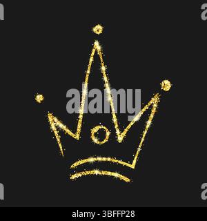 Gold glitter hand drawn crown. Simple graffiti sketch queen or king crown. Royal imperial coronation and monarch symbol isolated on dark background. V Stock Vector