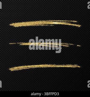 Abstract shiny confetti glittering waves. Set of three hand drawn brush golden strokes on black transparent background. Vector illustration Stock Vector
