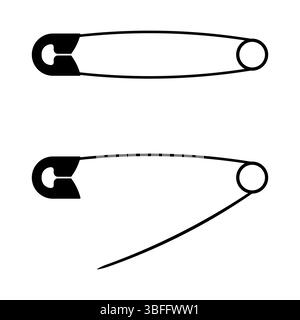 Safety Pin Silhouette Illustration. One pin is shown in a closed position, while the other is open, revealing the sharp point and clasp mechanism. Stock Vector