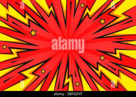 Lightning power cartoon vector background. Thunder bold abstract burst with halftone effect and speed lines. Comic book design template for poster Stock Vector