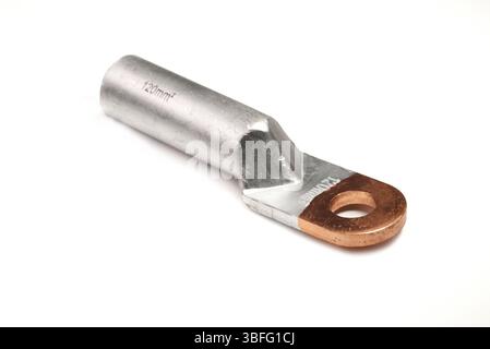 Silver Aluminum Electrical Terminal with Copper Plated Lug for 120mm² Cable on White Background Stock Photo