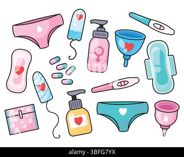 Menstrual cycle women's kit. Menstruation cup, sanitary pad, pregnancy test, tampon, pill, intimate hygiene gel. Vector illustration. Stock Vector