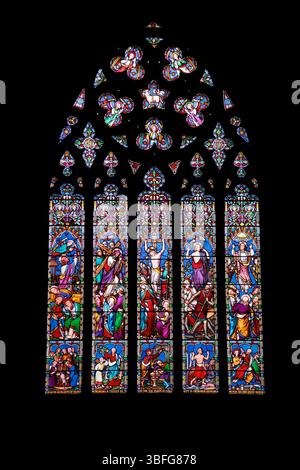Chilham, England, UK - May 2, 2025:  Colorful stained glass window inside Saint Mary's Church, Diocese of Canterbury, small quaint church that has a hi Stock Photo