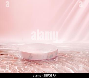 Elegant pink background in a minimalist style with a round marble Pedestal in the water waves around it. It is ideal for displaying goods. Stock Photo