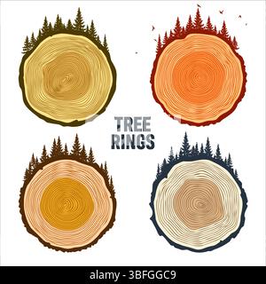 Round tree trunk cuts with trees, forest and birds. Sawn pine or oak slices, lumber. Saw cut timber, wood. Brown wooden texture with tree rings. Hand Stock Vector