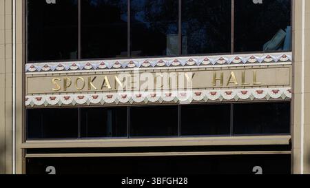 Spokane, WA, USA - May 2, 2025; Sign of name for Spokane City Hall in metal on building Stock Photo