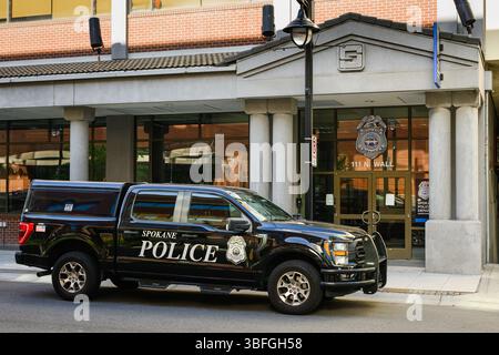 Spokane, WA, USA - May 2, 2025; Spokane police vehicle outside the downtown precinct buuilding Stock Photo
