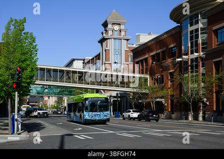 Spokane, WA, USA - May 2, 2025; Cityscape view of downtown with Spokane Transit Authority bus Stock Photo