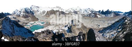 Mount Cho Oyu and Everest peak and Cho Oyu base camp with lakes isolated on white sky background, Sagarmatha national park, Gokyo valley, Khumbu valle Stock Photo