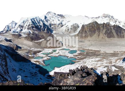 Mount Cho Oyu and Cho Oyu base camp with lakes isolated on white sky background, Sagarmatha national park, Gokyo valley, Khumbu valley, Nepal Himalaya Stock Photo