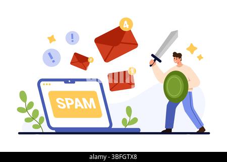Protection against spam and malware attacks, antivirus and firewall service. Internet fight of tiny man with sword against mailbox overload with emails and spam letters cartoon vector illustration Stock Vector
