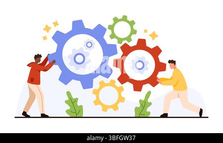 Teamwork on business process, synergy in corporate company team, project implementation. Tiny people move gears system together, office cogwheels machine of cooperation cartoon vector illustration Stock Vector