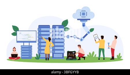 Vector illustration of tiny people managing servers and cloud technology, representing data management, IT infrastructure, and technological advancement in a server room environment. Stock Vector