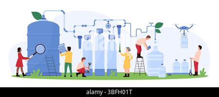 Industrial water purification plant with reverse osmosis technology. Tiny people pour clean water into plastic gallons after treatment stages in RO filters for delivery cartoon vector illustration Stock Vector