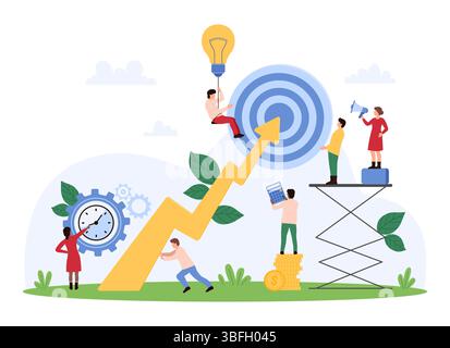 Vector illustration of tiny people working together to reach business goals with charts, graphs, and target symbols, highlighting teamwork, productivity, and success in a corporate environment. Stock Vector