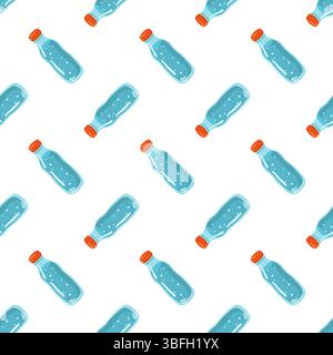 Seamless cartoon pattern with blue plastic water bottles and red caps on clean white background. Cartoon vector style Stock Vector